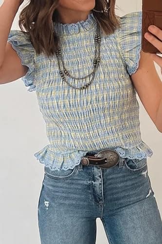 Apvirdy Women's Cute Gingham Smocked Tops Ruffle Sleeve Lace Trim Tank Top Frilled Mock Neck Shirred Slim Fit Crop Tank Tops thumbnail 2