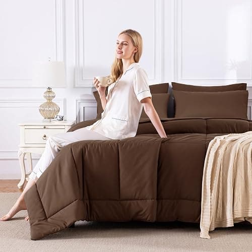CozyLux Full Size Comforter Sets Brown, 7 Pieces Bed in a Bag, Brown Comforter Full Size, All Season Bedding Sets with Stitch Quilted Comforter, Flat Sheet, Fitted Sheet, Pillowcases thumbnail 7