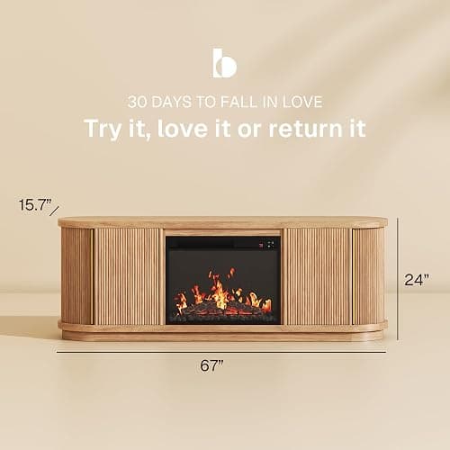 BELLEZE 67" Turin TV Stand with 23" Electric Fireplace Heater - Camel | Fluted Sliding Tambour Doors,For TV up to 75",Realistic Sound of Burning Matches thumbnail 2