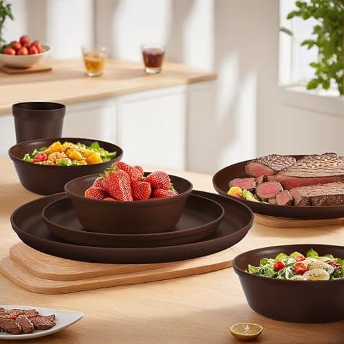 40 Piece Plastic Dinnerware Set for 8 with Cutlery, Unbreakable Plates and Bowls Set, Dishwasher & Microwave Safe Reusable Dish Set for Camping, RV, Outdoor Kitchen, Apartment Dining, Brown thumbnail 2