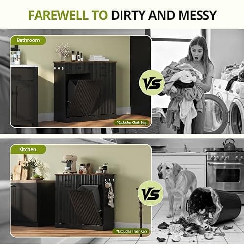VKUCI Double Tilt Out Trash Can Cabinet, 20 Gallon Fluted Laundry Hamper Cabinet with 2 Drawers, Wooden Hidden Garbage Can Cabinets for Kitchen, Living Room, Without Trash Bin or Laundry Hamper,Black thumbnail 6