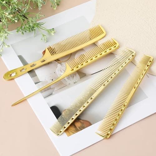 Professional Barber Aluminum Comb Set Metal Combs for Cutting Comb Hair Hairdressing Tail Comb (Golden) thumbnail 4