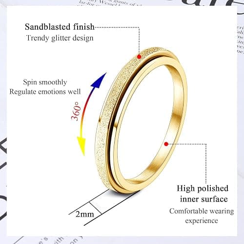 Diamday Fidget Rings for Women Men -2 4mm Titanium Steel Spinner Ring for Anxiety Stress Relief Glitter Sandblast Spinning Figit Anxiety Jewelry for Women Gifts thumbnail 2