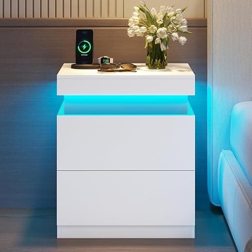 ADORNEVE White Modern Bedside Table with 2 Drawers | Nightstand with Charging Station and LED Lights,Night Stand with Sliding Top,Side Table for Bedroom - Image 1