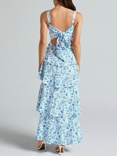 Fisoew Womens Floral Maxi Dresses Spaghetti Strap Casual Sleeveless Ruffle Flowy Tiered Dress thumbnail 5