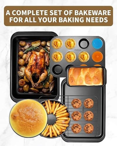 Ymiton Nonstick Bakeware Sets (7 Pcs Baking Sheet, Pans, Rack with 12 Cupcake Liners), Carbon Steel Body, Oven Safe Up to 450°F, Dishwasher Safe, Non Toxic Coating, Easy Release and Clean, Dark Gray thumbnail 2