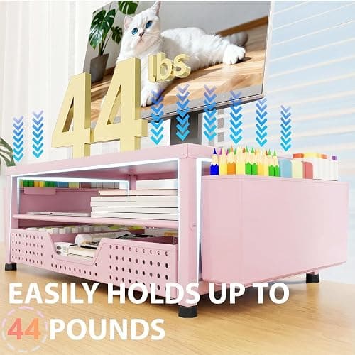 OPNICE Desk Organizers and Accessories, 2-Tier Computer Monitor Stand Riser with Drawer and 2 Pen Holders, Laptop Stand, Office Desk Accessories for Office Supplies, Pink thumbnail 4