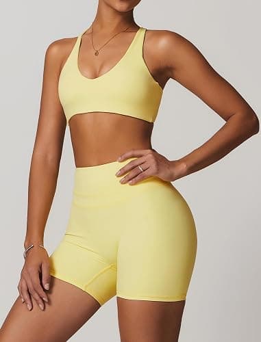 QBGJTD Womens Workout Sets Cross Back Sports Bras Matching High Waist Biker Shorts Yoga Jogger Outfits Work Out Clothes thumbnail 2