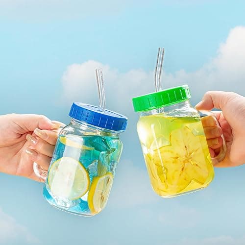 wookgreat Mason Jars with Handle, 12 Pack 16oz Jar Drinking glasses lid and straw, Cups, Regular Mouth mugs for Iced Coffee, Smoothie, Airtight Lids Food Storage, clear thumbnail 7