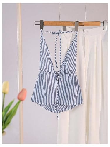 SweatyRocks Women's Striped Tie Front Halter Tops Sleeveless Cami Tops | Sexy, Summer, Backless Tops, Drawstring, Self Tie Front, Blue And White Top thumbnail 2