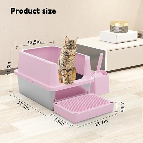 RIZZARI Pink Open-Top Cat Litter Box with Stainless Steel Pan - Extra-Large, Non-Porous & Easy Clean, High Sides Anti-Scatter, Includes Scoop, for Apartment Bathroom or Laundry Room thumbnail 6
