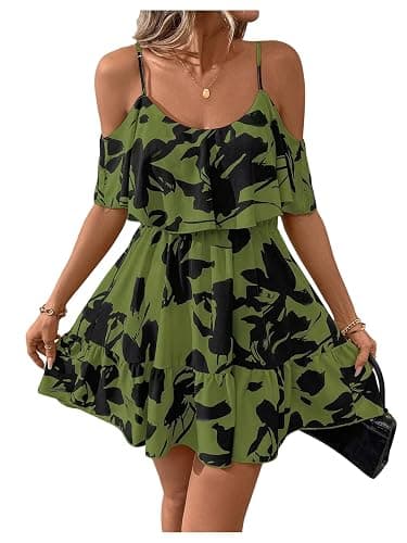 SOLY HUX Women's Boho Floral Print Cold Shoulder Dress Short Sleeve Ruffle A Line Vacation Elegant Mini Dresses - Image 1