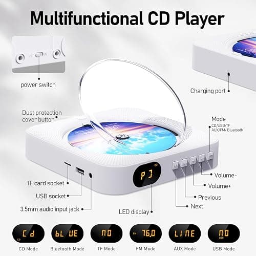 MICOCIOUS Bluetooth Portable Home CD Music Player with Remote Control, Timer, Built-in Speakers and LED Display - FM Radio Boombox (White) thumbnail 2