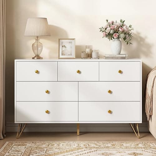 Tradare White Dresser for Bedroom, Modern 7 Drawer Dresser with Gold Handles and Metal Legs, White and Gold Dressers & Chest of Drawers for Hallway, Entryway thumbnail 3