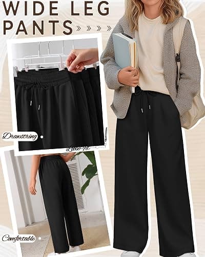 LessonZoo Teen Girls Sweatpants Wide Leg Drawstring Lounge Pants Straight Leg Athletic Trousers with Pockets Size 5-14 thumbnail 4