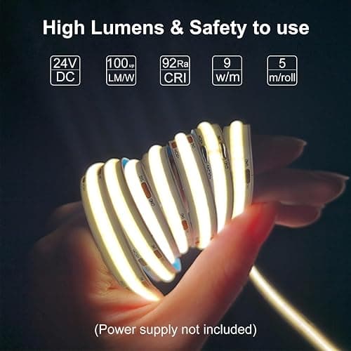 LLTOP COB LED Strip Lights Natural White 4000K, DC24v 16.4ft/5m High CRI 92Ra+ Flexible LED Tape Lighting DIY Cuttable for Bedroom Kitchen Cabinet Shelf (Power Supply&Dimmer Not Included) thumbnail 2