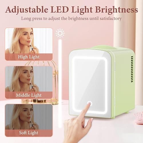 Xbeauty Skincare Mini Fridge With Dimmable LED Mirror, 4L Mini Makeup Refrigerator for SkinCare, Cosmetics, Food & Drinks, Portable Small Refrigerator for Bedroom, Dorm, Car, Office, Green thumbnail 4