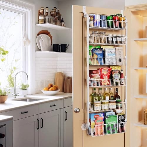 Delamu Large Over the Door Pantry Organizer, 6-Tier Metal Pantry Door Organization and Storage for Easy Install, Hanging Spice Rack Seasoning Shelves for Cabinet & Kitchen, D6.7xW17.5xH53.7 in, White thumbnail 7