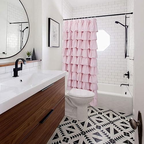 Volens Pink Ruffle Shower Curtain Farmhouse Rustic Fabric Cloth Shower Curtains for Bathroom, 72" x 72" thumbnail 7