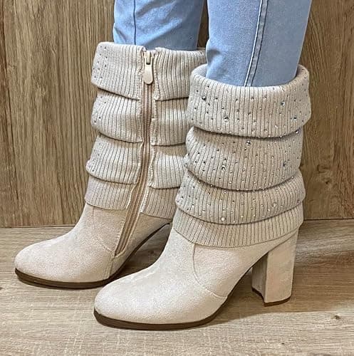 Pogolino Damen Stiefeletten Absatz elegant Glitzer Schnalle Stiefel Herbst Winter High Heels - 38 EU - 569 Beige thumbnail 3