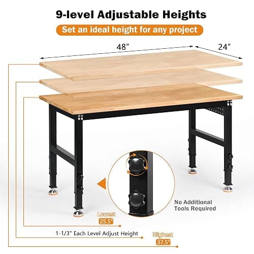 Betterhood Adjustable Height Workbench, 48" Rubber Wood Top Heavy Duty Workstation with Power Outlets, 2000 LBS Load Capacity Hardwood Worktable for Workshop, Garage, Office, Home, Commercial thumbnail 3