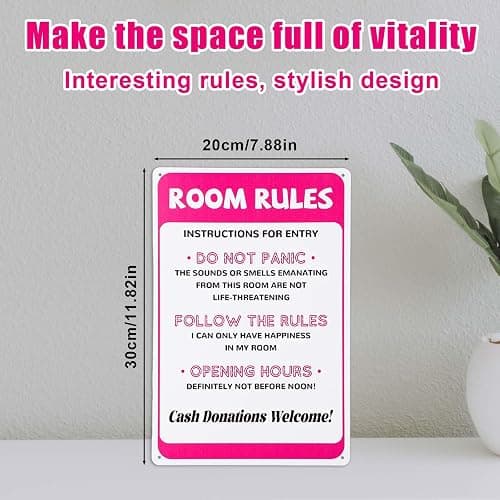 Room Rules Sign for Teen Girls, Funny Pink Bedroom Decor Cute Gaming Room Door Decor Metal Tin Signs for Teen girls Room Dorm Wall Accessories 12x8 Inch thumbnail 2