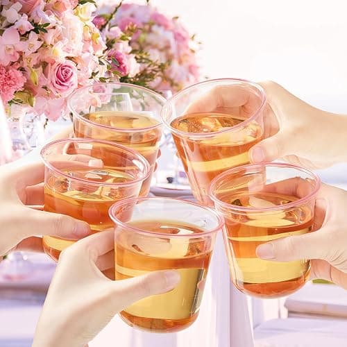Jycnolm 50 Pcs Pink Plastic Cups, 12 Oz Disposable Stemless Wine Glasses Cocktail Pink Party Cups for Meeting, Wedding, Birthday, Valentines Party thumbnail 2