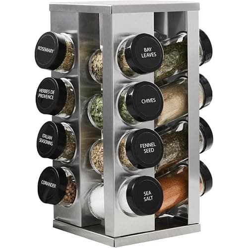 Kamenstein 16 Jar Heritage Revolving Countertop Spice Rack Organizer with Spices Included, FREE Spice Refills for 5 years, Brushed Stainless Steel with Black Caps | Revolving, Organizer, with Spices Included, with Black Caps - Image 1