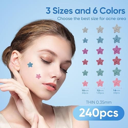 QUSTERE Pimple Patches for Face, Hydrocolloid Acne Patches, Sparkling Star Zit Covers, Colorful Spot Stickers with Tea Tree, Salicylic Acid & Cica Oil| 3 Sizes (10mm, 12mm & 14mm) |240 Count thumbnail 2