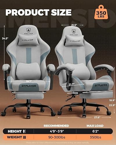 GTPLAYER Gaming Chair with Foot Rest & Pocket Spring Cushion, Ergonomic High Back Computer Desk Chair with Headrest & Lumbar Support for Back Pain Relief, Breathable Fabric, Mist-Blue thumbnail 2