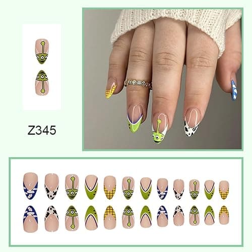 Halloween Press on Nails Almond Shape Fake Nails Green Acrylic Nails French Tip False Nails Clouds Cow Pattern Design Cute Stick on Nail Full Cover Glossy Glue on Nail for Women Manicure thumbnail 6