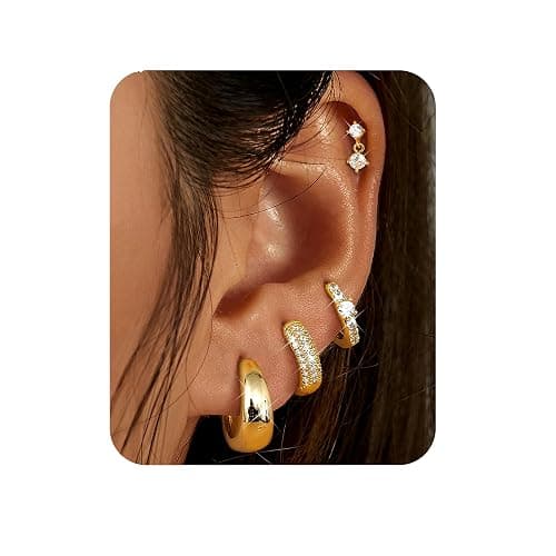Sanfenly Gold Earrings Gold Hoop Earrings for Women Trendy Dainty Stud Earrings 14K Gold Plated Earrings Small Double Gold Silver Hoop Earrings for Women Lightweight Huggie Cartilage Earrings Set Gold Jewelry for Women Gifts - Image 1