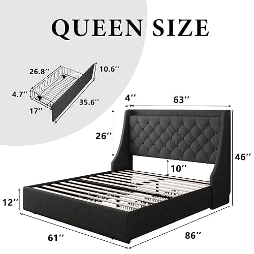 iPormis Queen Bed Frame with 4 Storage Drawers, Upholstered Platform Bed Frame with Type-C & USB Ports, Wingback Storage Headboard, Solid Wood Slats, No Box Spring Needed, Dark Gray thumbnail 2