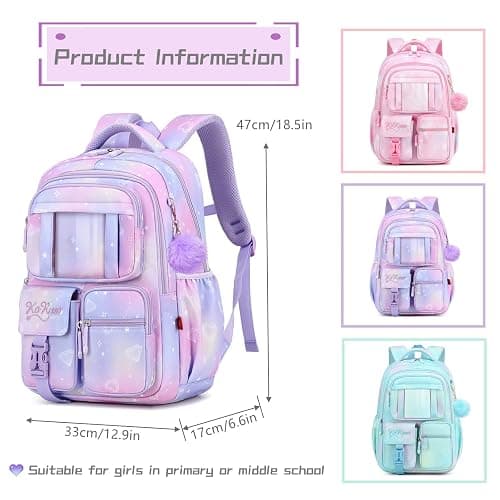 Gradient Childrens Backpacks School Bags for Girls Casual Daypacks with Plush Ball Pendant, B05-Blue thumbnail 3
