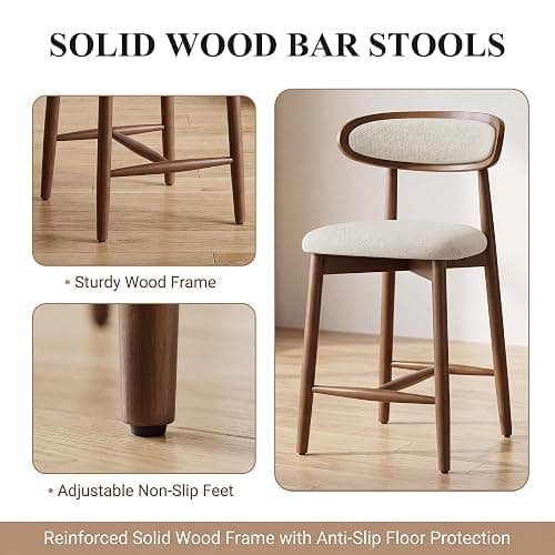 smartue Wooden Barstools Set of 3, Upholstered Counter Height Chairs, 24.8” Counter Height Stools with Ergonomic Backrest & Premium Fabric, Beige thumbnail 5