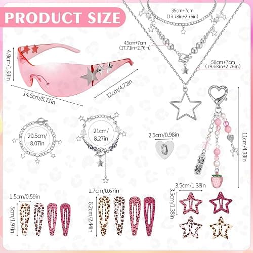 Fingertip WD Y2k Accessories Set Included Star Y2k Silver Necklace | Grunge Layered Necklace Y2K Sunglasses Y2k Star Silver Hair Clips Keychain Hip Hop Pants Chain Vintage Jewelry Set for Women thumbnail 5