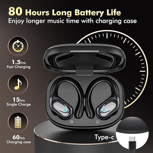 HAOYUYAN Wireless Earbuds, Sports Bluetooth Headphones, 80Hrs Playtime Ear Buds with LED Power Display, Noise Canceling Headset, IPX7 Waterproof Earphones for Workout/Running (Black) thumbnail 3