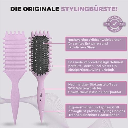 FABIHA® Lockenbürste - Curly Hair Brush - Bio Haarbürste ohne ziepen mit Wildschweinborsten - Das NEU 3-in-1-Stylingbürste mit einzigartigem Zahnrad-Design für trendiger Lockenfrisuren (Lilac) thumbnail 2