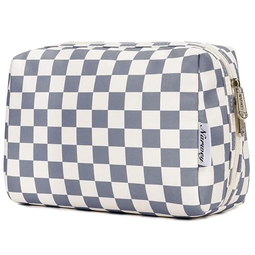 Narwey Checkered Makeup Bag Travel Cosmetic Bag Organizer Toiletry Bag Make Up Bags with Compartments for Women Girls (Large, Grayish Blue Checkerboard) - Image 1