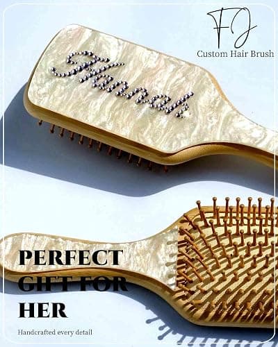 Custom Hair Brushes for Women,Personalized Hair Brush with Colorful Name,Customized Natural Wooden Bamboo Brush,Handmade Rhinestones Hairbrush for Massaging Scalp(Pearl White-Square) - Pearl White-Square thumbnail 3