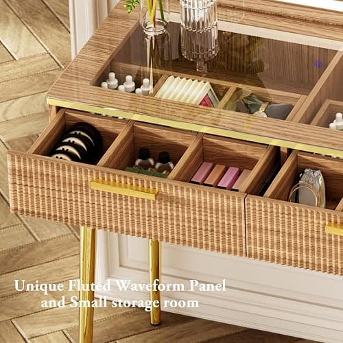 Chrangmay 47.24" Big Modern Vanity Desk with Mirror and Lights,Makeup Vanity Desk with 5 Drawers and Storage Shelves & Power Outlet,Dressing Table with Glass Top, Oak thumbnail 7