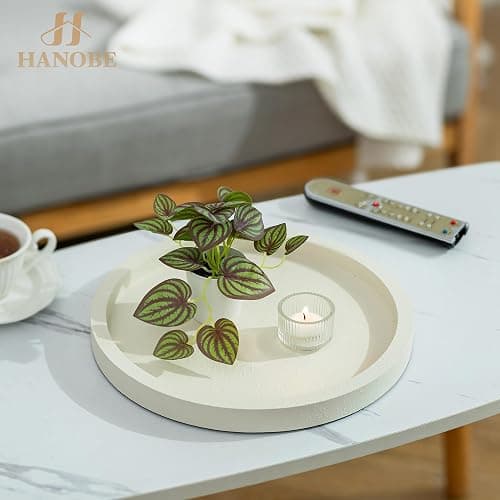 Hanobe Decorative Tray for Coffee Table: Round Ottoman Tray for Living Room 12" Modern Dining Table Organizer Decor Dresser Display Entryway Countertop Cream White thumbnail 7
