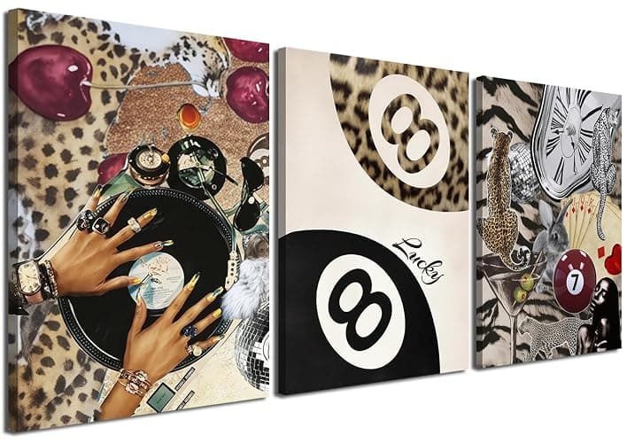 Trendy Leopard Wall Art Set of 3, Cheetah Wall Decor Aesthetic, Black Girl 8 Ball Poster Canvas Print Pictures Funky Lucky Artwork for Bedroom Living Room Framed 12x16 inch - Image 1