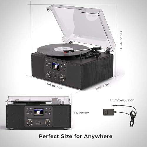 Bluetooth Vinyl Record Player with CD & Internet Radio, 3-Speed Belt-Drive Turntable with USB Recording, AUX/RCA Output, Tone & Remote Control, Vintage Black Vinyl Player for Home Entertainment & Gift thumbnail 7