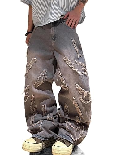 DFGIGT Men's Baggy Jeans Patchwork Embroidery Jeans Fringe Frayed Edges Wide Leg Denim Pants - Image 1