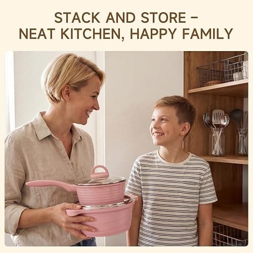 JEETEE Pink Pots and Pans Set Nonstick 23pcs, Healthy Kitchen Cookware Sets, Induction Cooking Set Pink Frying Pans, Saucepans, Sauté & Griddle & Crepe Pan (PFOA Free) thumbnail 9