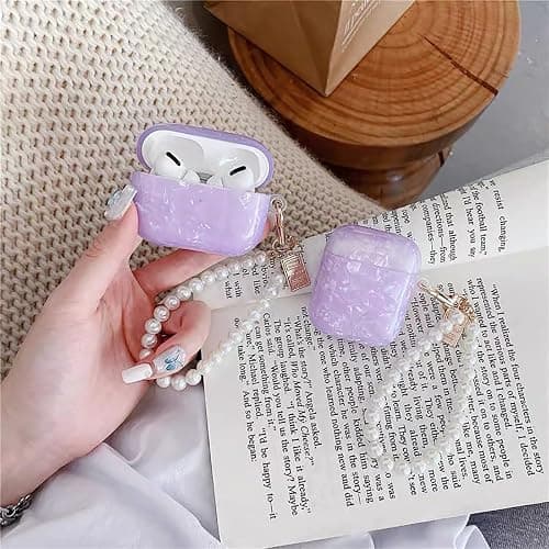Olytop for Cute Glitter Airpods 2nd/1st Generation Case with Cleaner Pen,Shell Pattern Airpods 2/1 Gen Cover Protective Skin Girl Women with Luxury Pearl Keychain for Apple iPod 2nd/1st Gen - Purple thumbnail 2