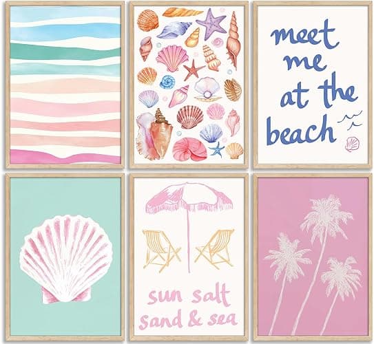 6Pcs Pink Beach Preppy Canvas Wall Art Colorful Coastal Seashell Picture Wall Decor Seaside Beachy Palm Tree Aesthetic Posters Cute Summer Ocean Painting Print Artwork for Girls Bedroom Dorm Apartment - Image 1