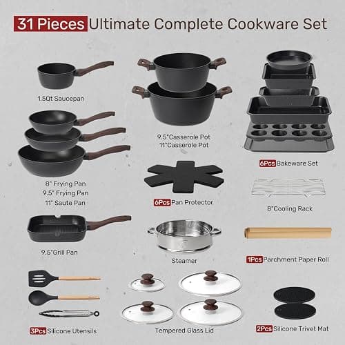 Kikcoin Pots and Pans Set Non Stick 31 Piece Kitchen Nonstick Cooking Cookware Sets with Grill Pan Saucepan Baking Sheet Utensil - Black - 31 Pieces thumbnail 3