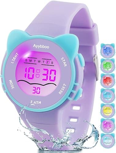 Ayybboo Kids Digital Watches for Girls Boys, 7 Color Lights Waterproof Cute Wristwatches for Kids with Alarm Stopwatch, Great Present for Girls Boys Ages 5-13 - Image 1